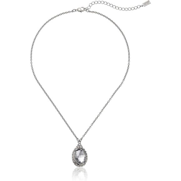 1928 Jewelry Oval Clear Crystal Silver Plated Pendant Necklace Adjustable NWT - Picture 1 of 1